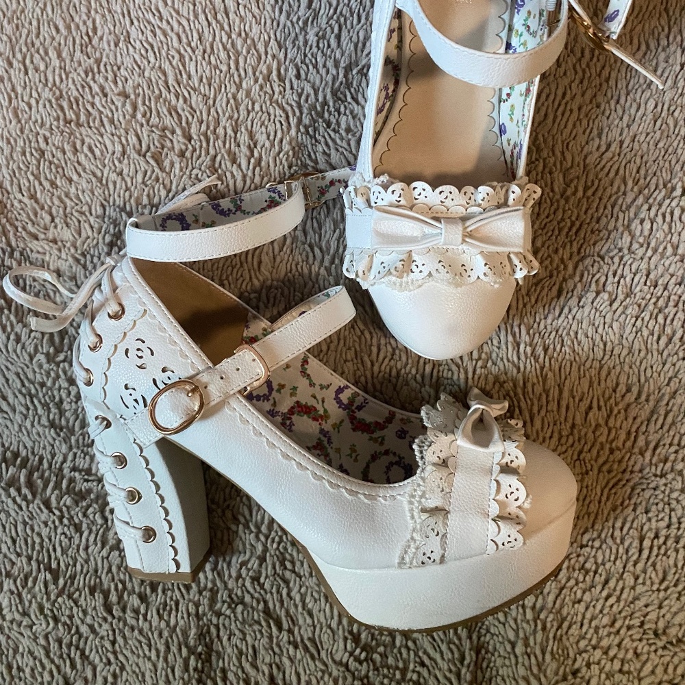 White lace heels